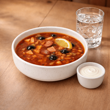 Солянка с фирменными колбасками и сметаной