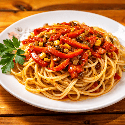 Спагетти с обжаренными овощами и овощным соусом