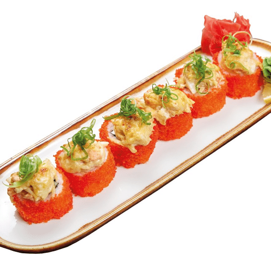 Запеченый ролл с лососем и морским гребешком