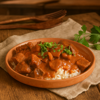 Гуляш из сочной мягкой  говядины, подаётся с гарниром на выбор