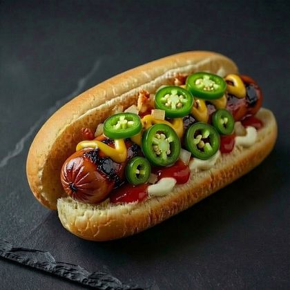 Хот-дог с  куриной сосиской и халапеньо