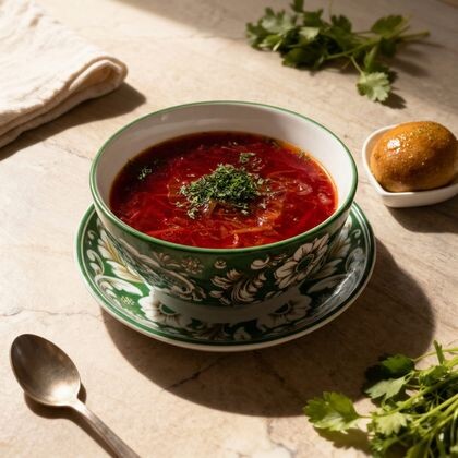 Борщ с говядиной и пампушкой