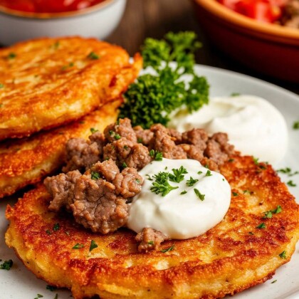Драники с мясом и сметаной