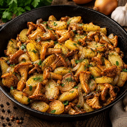 Жареный картофель с лисичками и луком