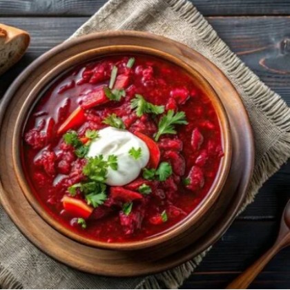 Классический борщ с бородинскими гренками и сметаной