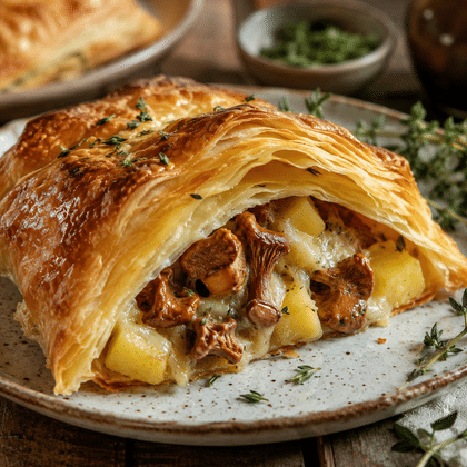 Пеновани с ароматными жареными лисичками, картофелем и копченым сыром сулугуни