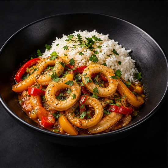 Жаренный кальмар с овощами (острое) + рис