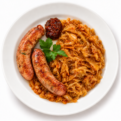 Монастырские шпикачки, подаются с тушенной капустой